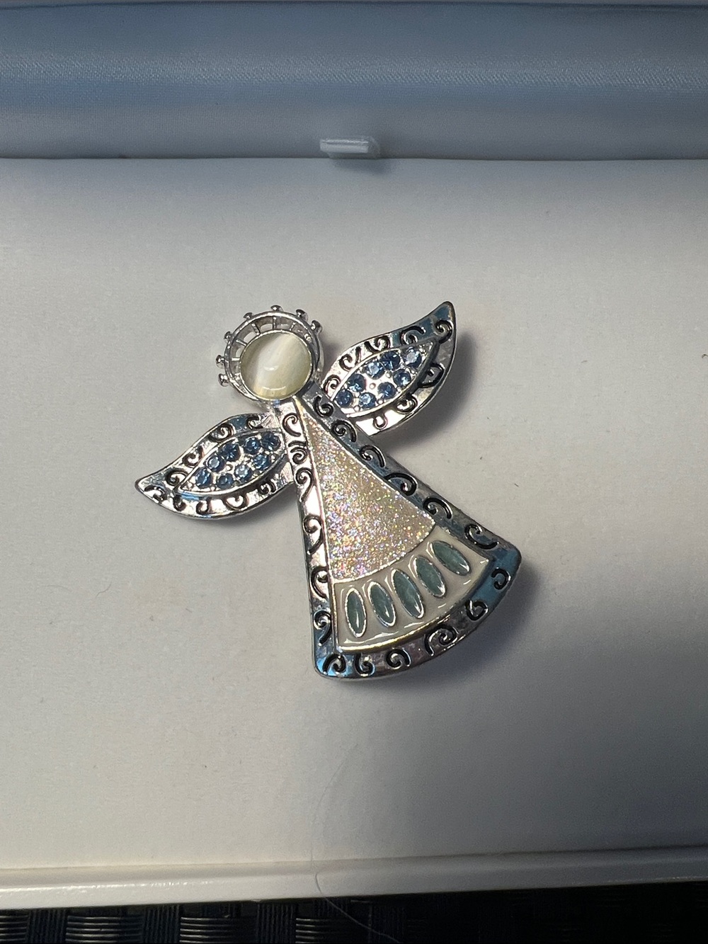 Kenneth cole 2” Silver Angel Brooch with Iridescent Inlay and Blue Accents